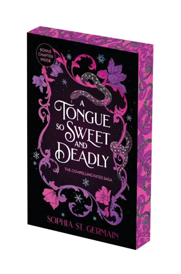 A black special edition book titled a tongue so sweet and deadly by sophia st with pink floral design and silver embellishments