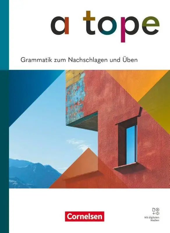 A vibrant geometrically designed cover of a neu beginnende fremdsprache book with red orange walls against blue sky