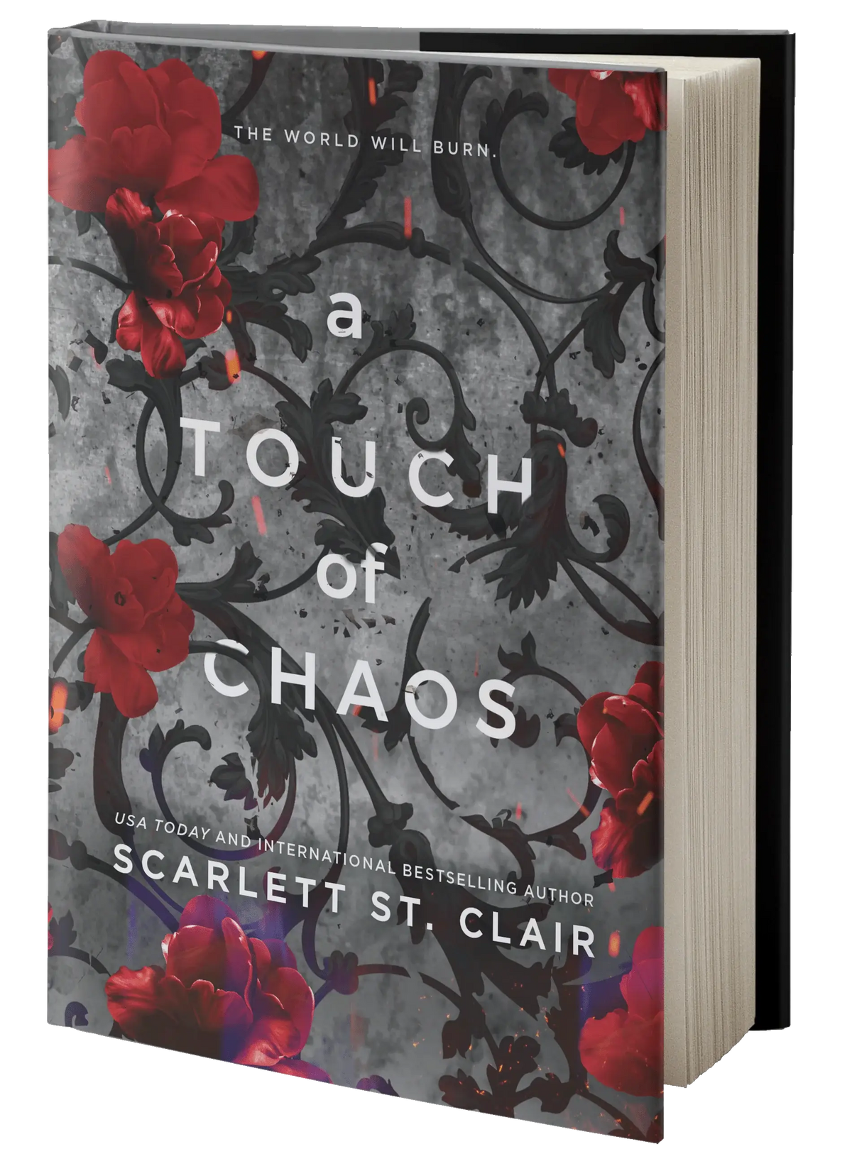 Een hardcover boek getiteld a touch of chaos met een donkergrijze kaft, zwarte filigraan en rode bloemen, thema hades x persephone