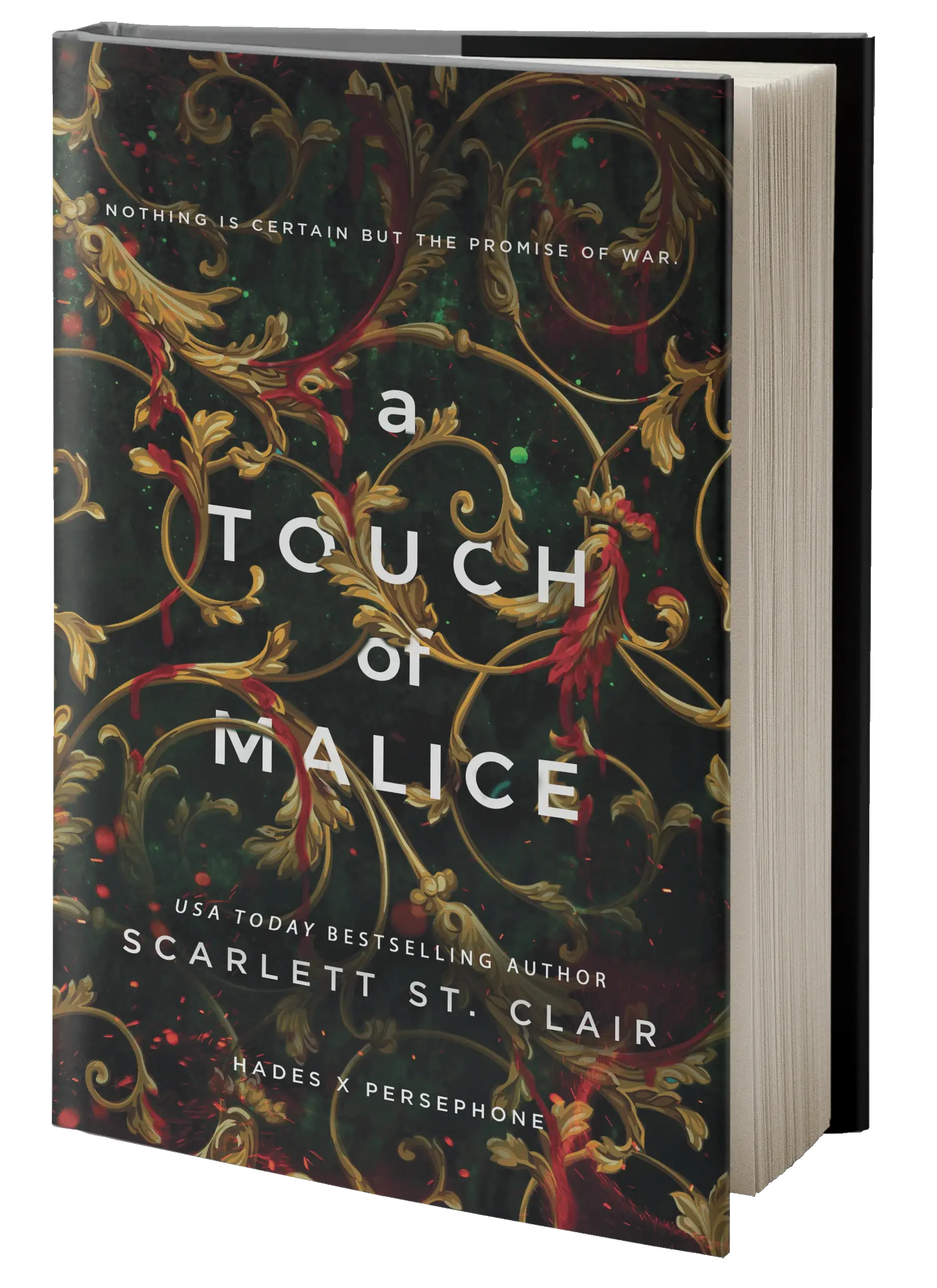 A hardcover book titled a touch of malice with a dark green cover featuring gold and red ornamental designs