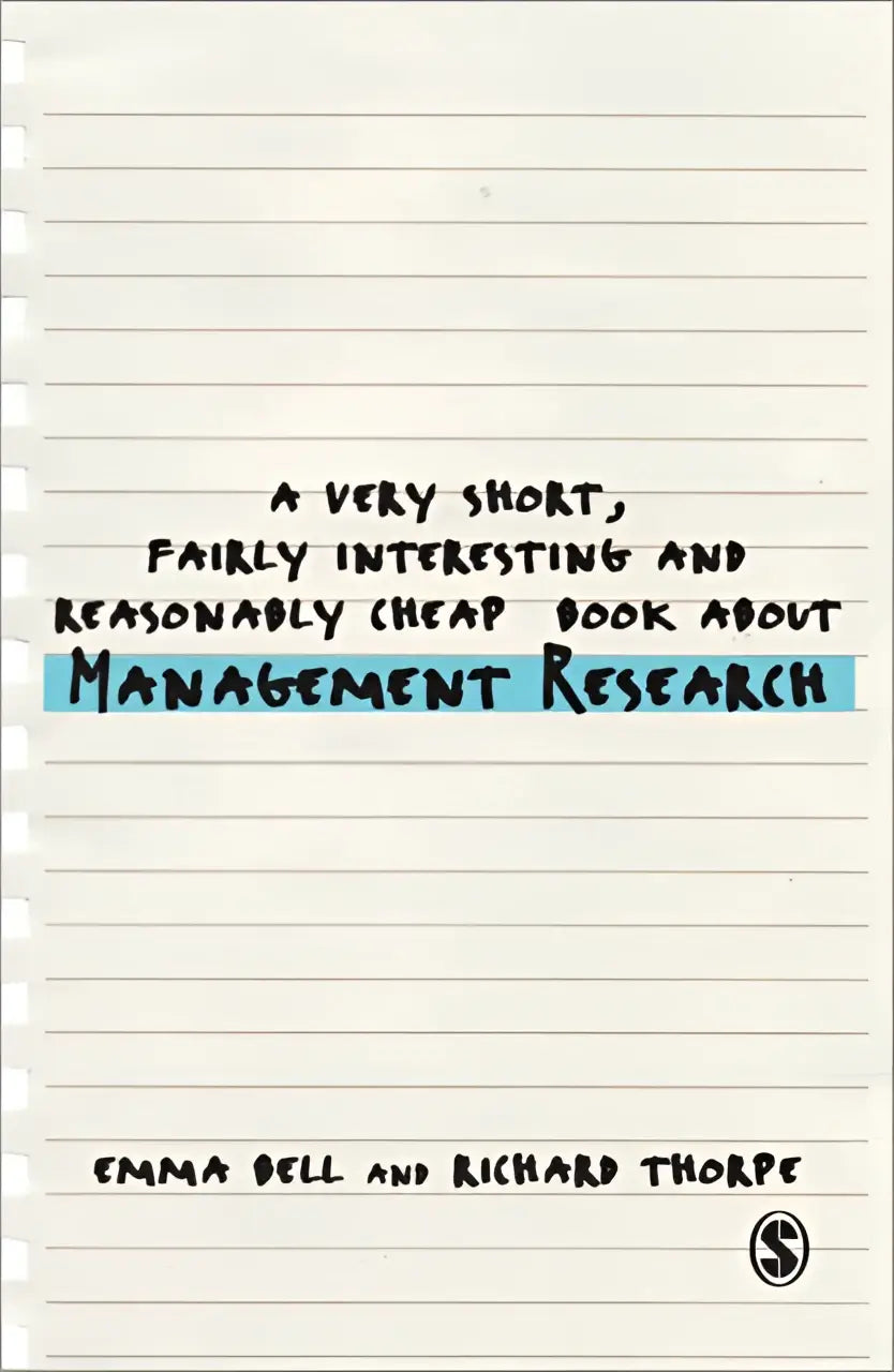 A notebook-style book cover with handwritten management research title in black ink underlined in blue fairly interesting and reasonably cheap