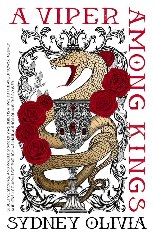 Een viper among kings houten goblet met rode rozen en zilveren filigrain decor en een coiled adder erop