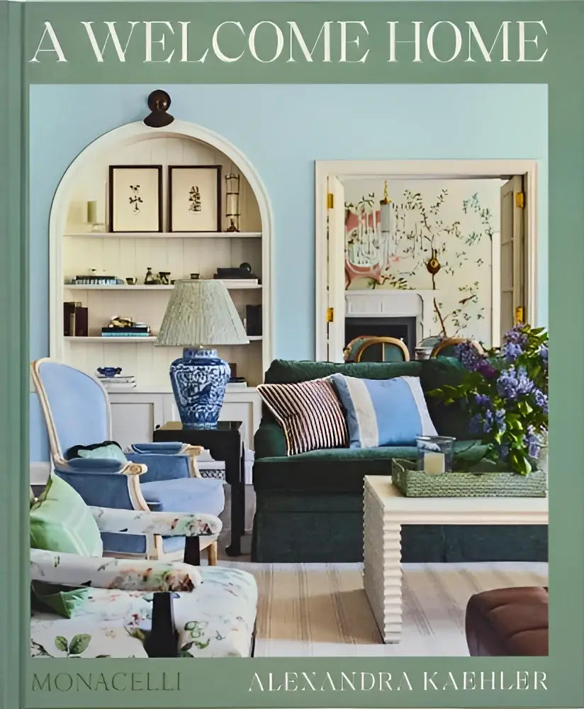 A welcome home book cover showing a light blue living room with floral furniture for inviting interiors inspiration