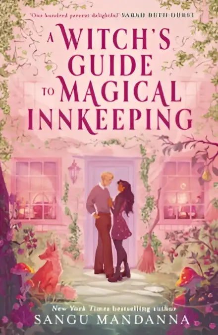 Een roze boekomslag van a witchs guide to magical innkeeping met romantische illustratie voor een sierlijk huis omgeven door klimop en bloemen get her