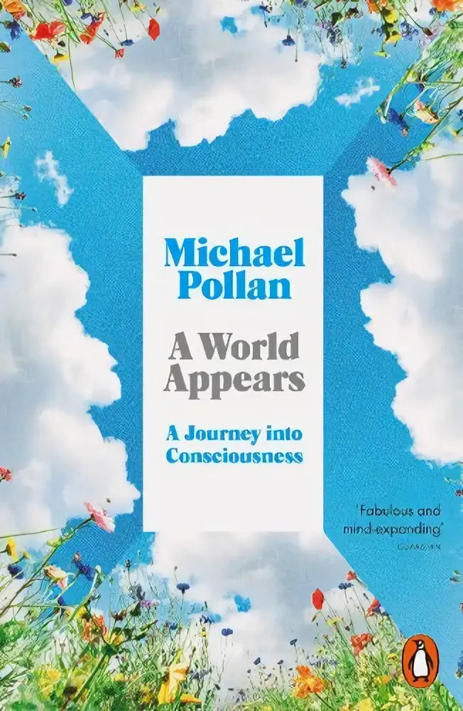De boekcover van a world appears toont een blauwe lucht met witte wolken en kleurrijke wilde bloemen in een x-vormig kader