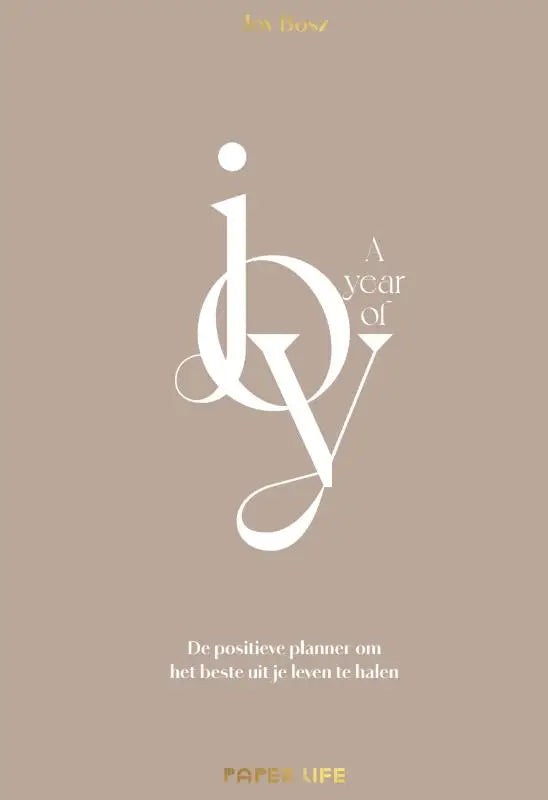 Een minimalistisch wit gestileerd logo op beige achtergrond met gouden tekst voor een positieve planner paper life