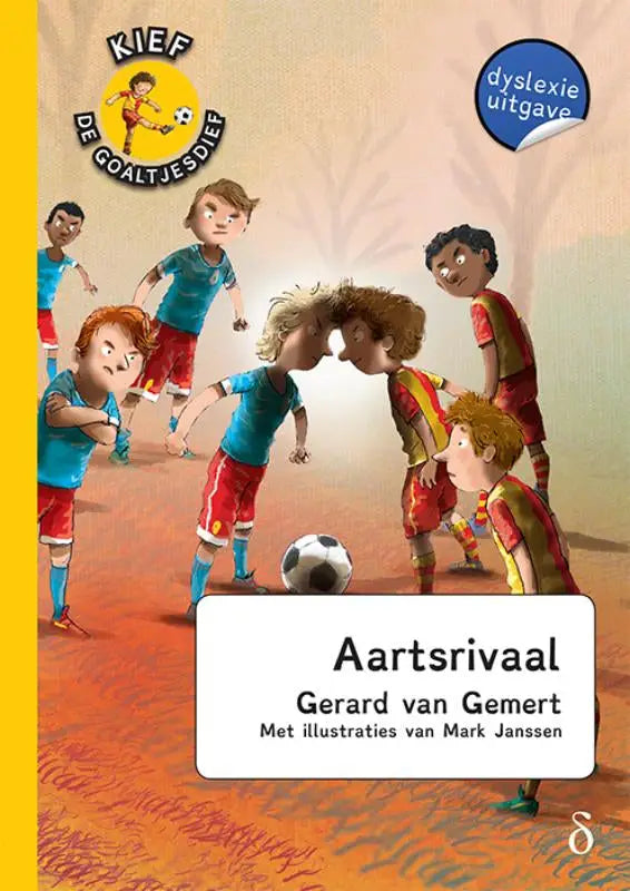 Kinderboek aartsrivaal met zwartwit voetbal centraal in geïllustreerde wedstrijdscene goaltjesdief deel 13