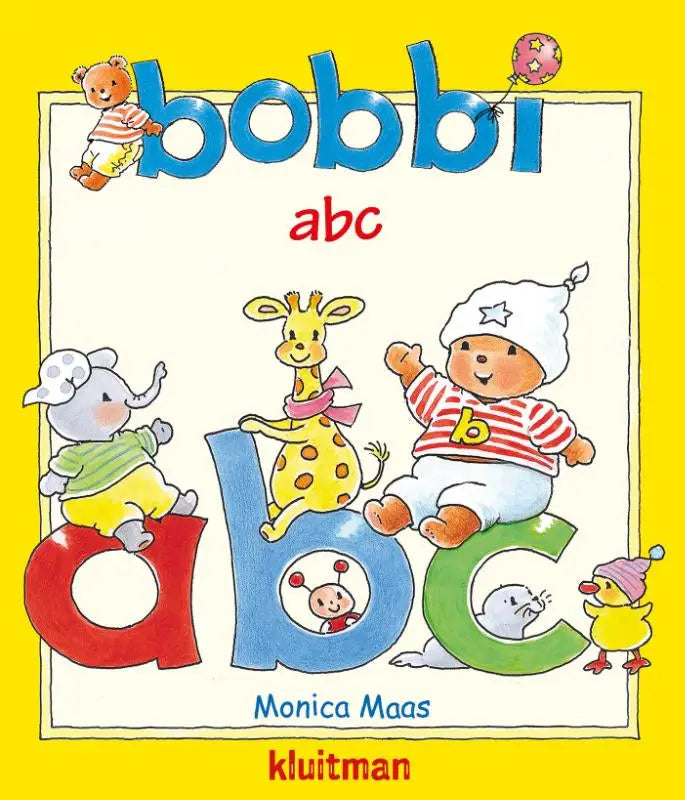 Kleurrijk kinderboek met bobbli abc titel en cartoon dieren op grote letters geschikt voor binnen peuterboeken van monica maas