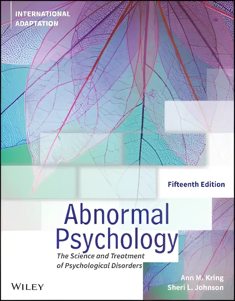 De boekcover van abnormal psychology toont de wetenschap en behandeling van psychologische stoornissen met paarse en teal bladeren