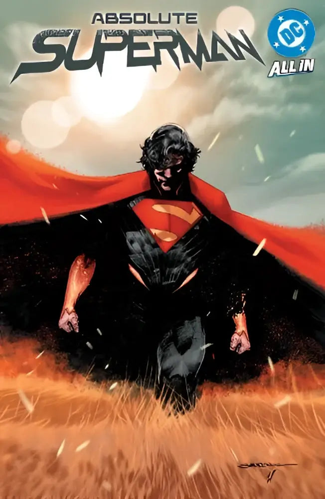 Absolute superman vol 1 last dust comicboek hoes met superman in zwart-rood pantser en dramatische cape