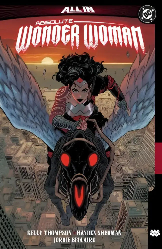 De absolute wonder woman stripboek cover toont wonder woman rijdend op een zwart gevleugeld wezen tegen een oranje zonsondergang, the last amazon editie