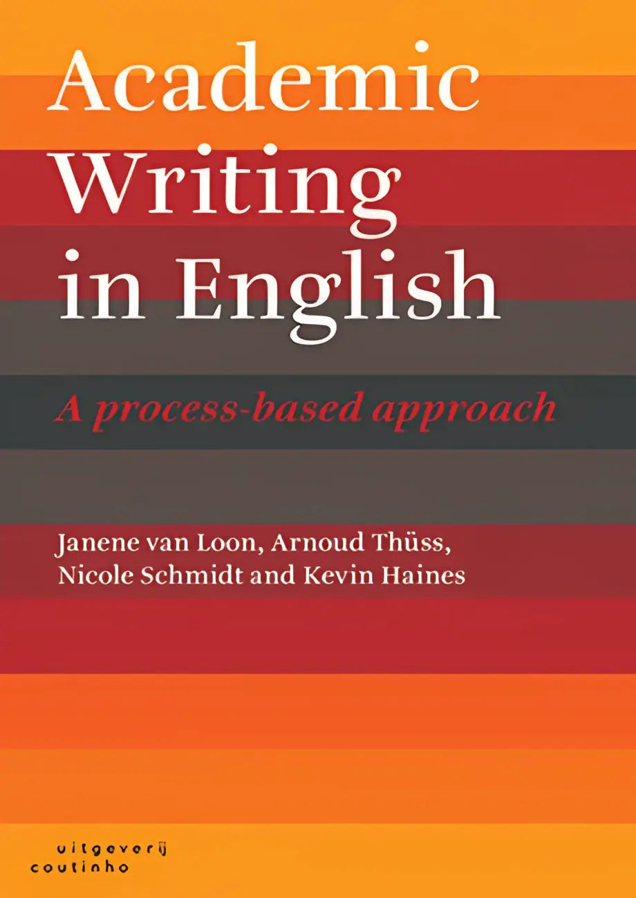 Boekcover Academic writing in English met oranje, rode en grijze strepen
