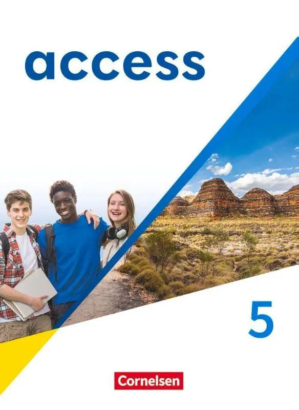 Blauw-witte kartonnen leerboekcover van allgemeine ausgabe band 5 met digitalen medien met drie lachende studenten voor woestijnlandschap