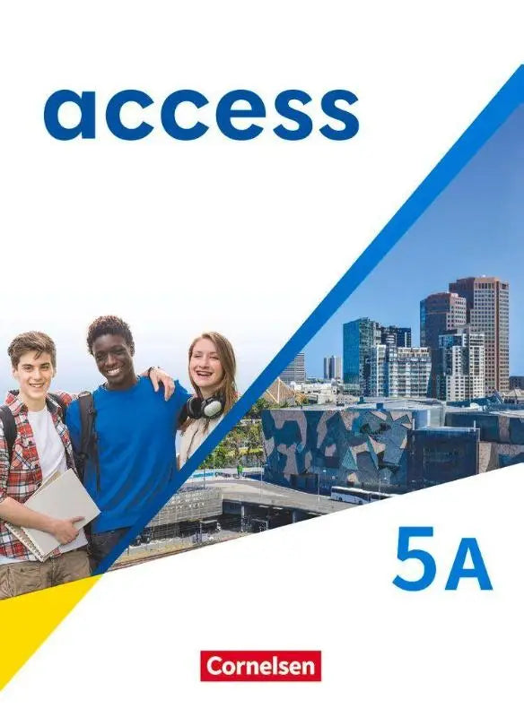 Blauw-witte access 5a leerboek van cornelsen mit digitalen medien algemene ausgabe met lachende studenten voor stadssilhouet
