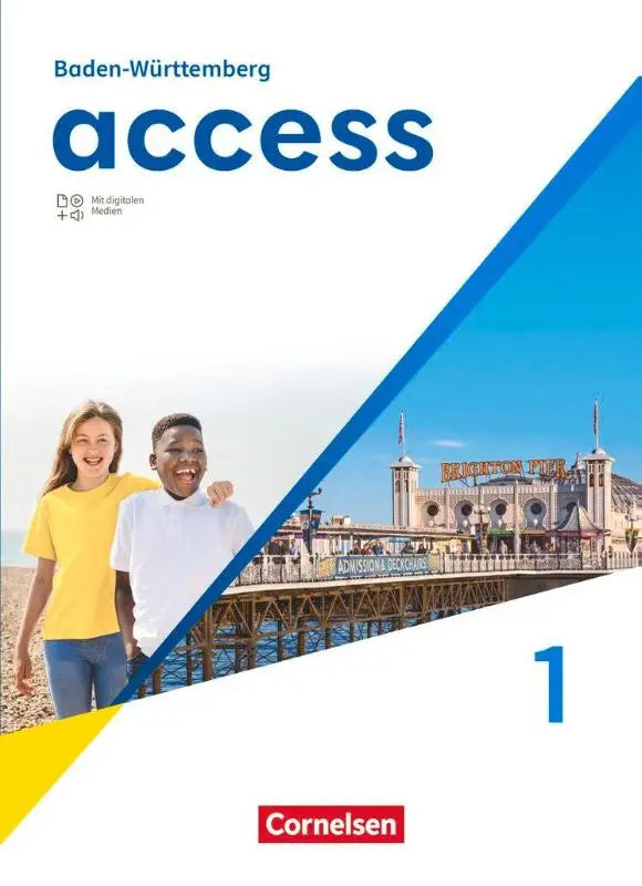 Blauw-witte access band 1 scholboek mit digitalen medien met foto’s van lachende kinderen bij brighton pier