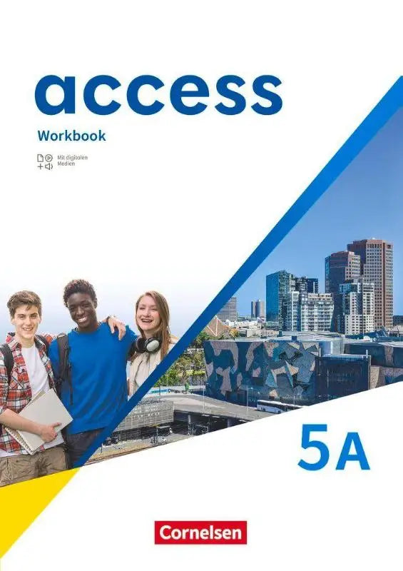 Blauw-witte access band 5a workbook mit digitalen medien met drie lachende studenten voor stadsgezicht