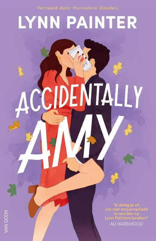 Boekcover van accidentally amy door lynn painter met een gestileerde afbeelding van twee kussende mensen in kleurrijke kleding nederlandstalige romantische komedie