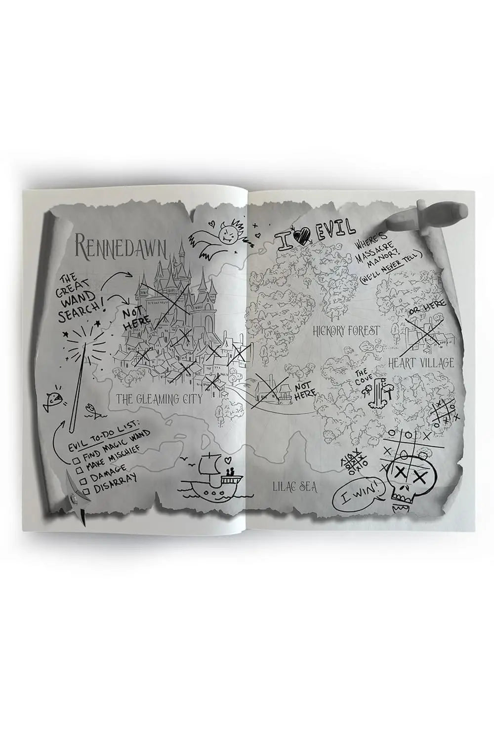 Open book displaying a hand-drawn black-and-white map with doodled landmarks in accomplice to the villain by hannah nicole maehrer