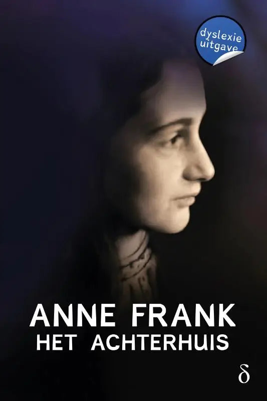 De cover van het boek Anne Frank het Achterhuis toont een monochroom portret van Anne Frank in profiel tegen een donkere achtergrond