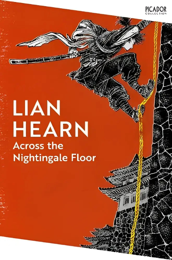 Book cover of across the nightingale floor by lian hearn featuring a black and white figure in motion on orange background