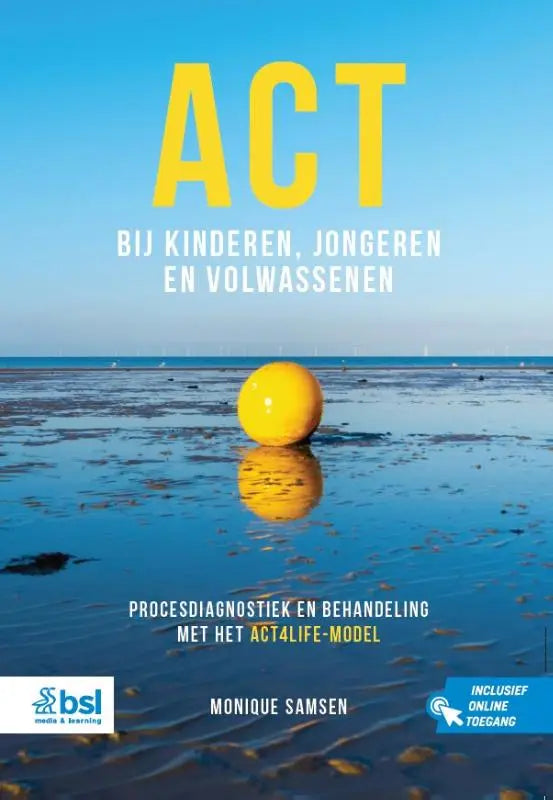 Gele bolvormige boei die drijft in ondiep water met heldere reflectie bij act4life-model voor jonge lezers