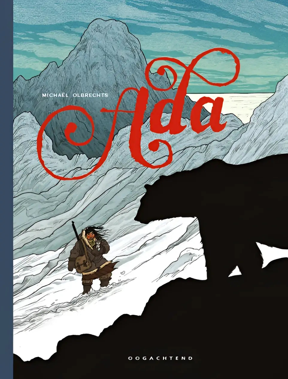De cover van de graphic novel ada door michael olbrechts met rood cursief opschrift en een beren silhouet voor een ijsachtig berglandschap