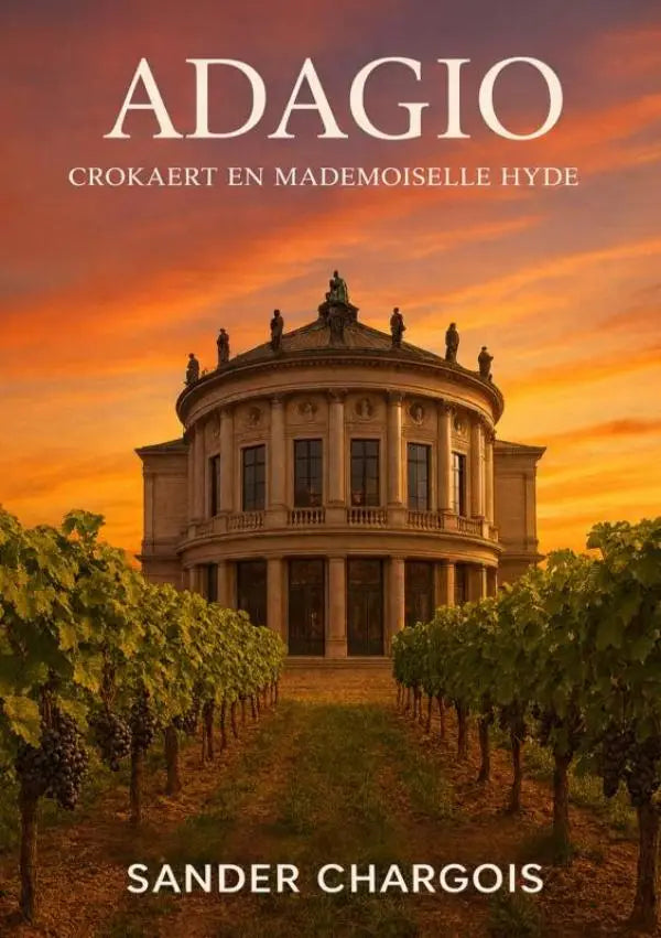 De boekcover van adagio door mademoiselle hyde toont een elegante witte serif titel boven een klassiek gebouw bij zonsondergang