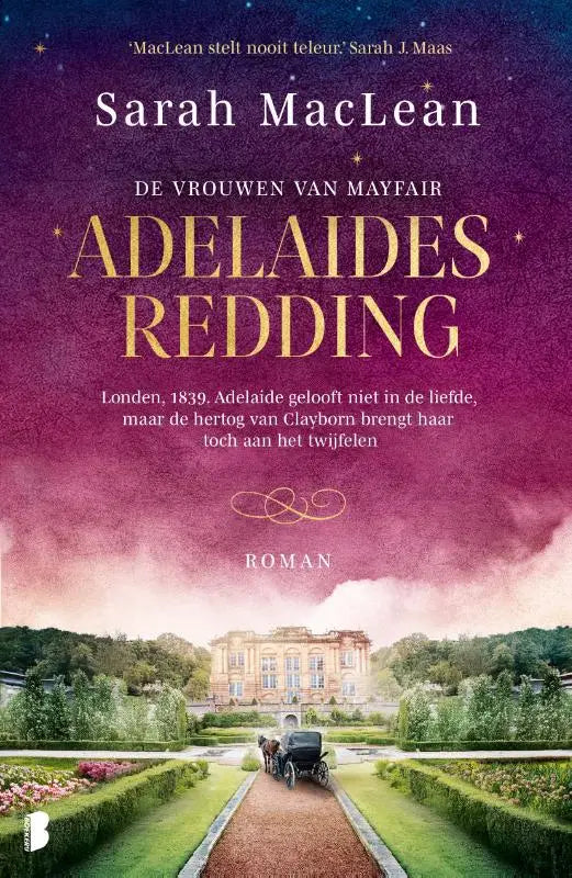 De boekcover adelaides redding toont een statige klassieke mansion bij paarse en roze lucht, clayborn brengt twijfel