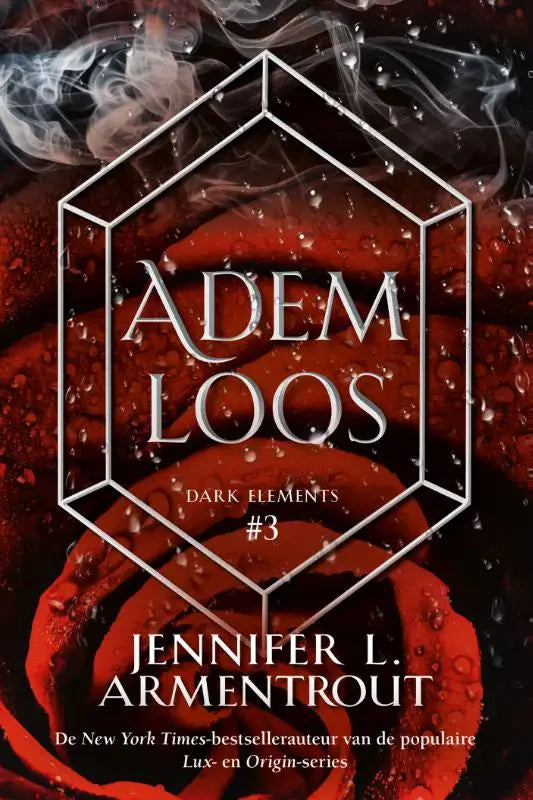 Ademloos young adult fantasy boek met rode roos en witte hexagonale rand op donkere achtergrond