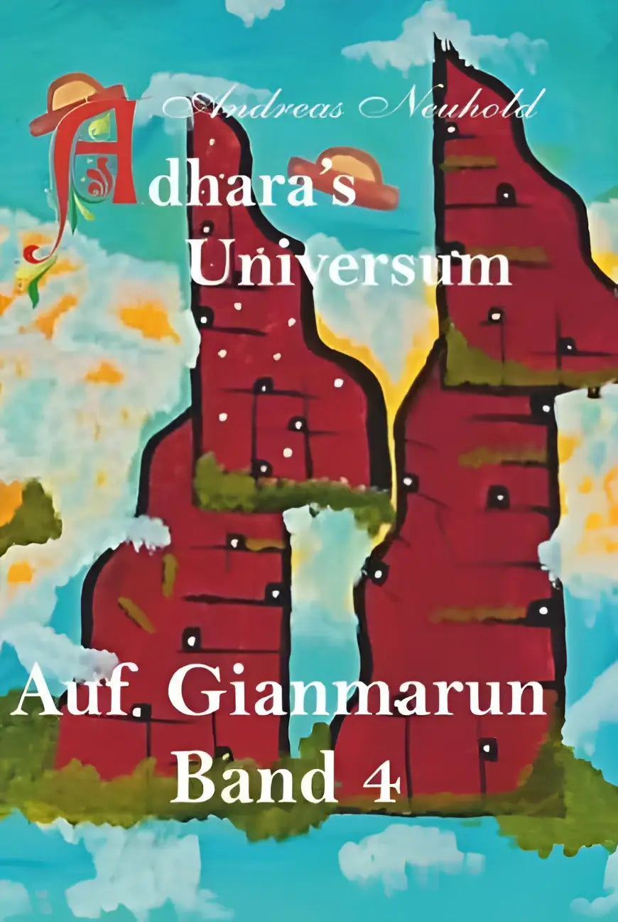 Afbbeelding van adhara’s universum band 4 auf gianmarun met rood gestileerde rotsformaties en groene accenten op turquoise achtergrond