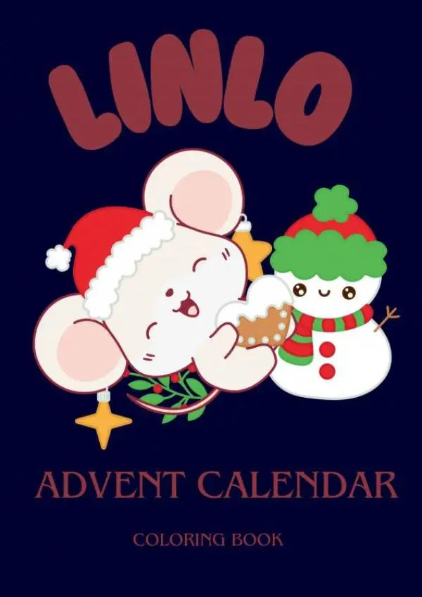A festive advent calendar coloring book with a white mouse in a santa hat and a snowman in a knit cap