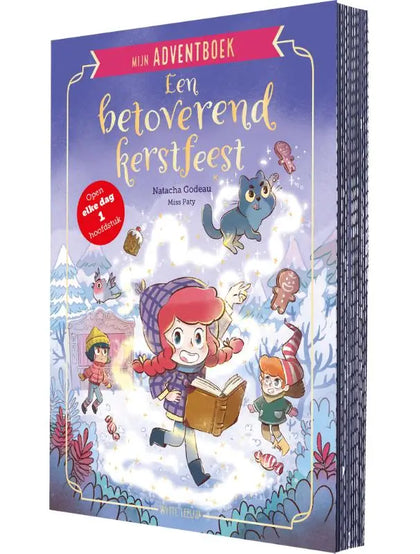Een kleurrijk kinderavonturenboek mijn adventboek - een betoverend kerstfeest met vrolijke karakters in sneeuwrijke scène
