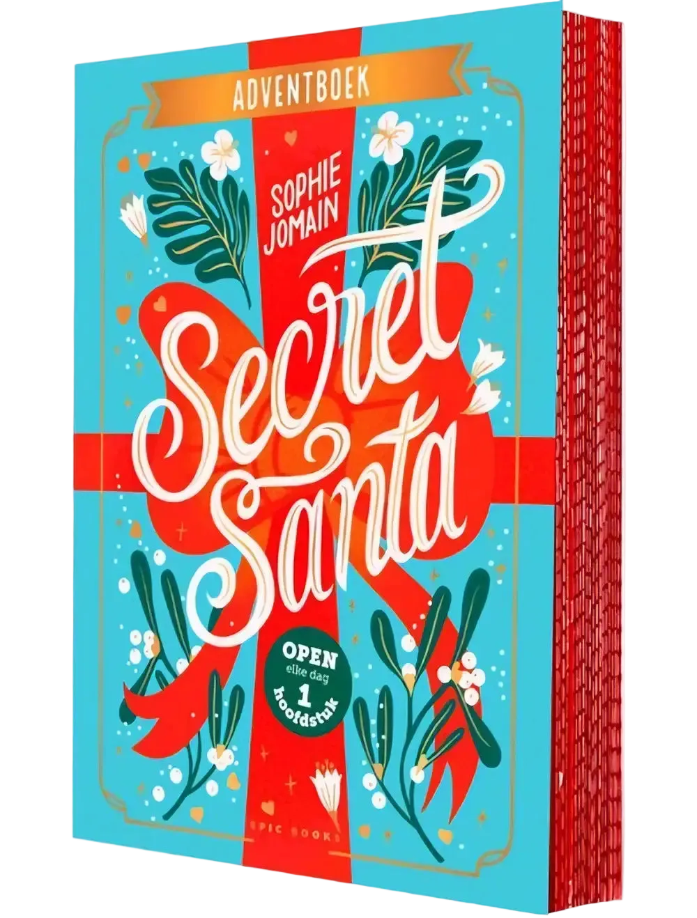 Een levendig turquoise en rood geïllustreerd adventboek secret santa van sophie jomain met feestelijke witte bloemen en groenblijvende ontwerpen op de omslag