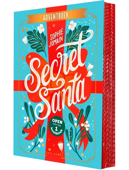 Een levendig turquoise en rood geïllustreerd adventboek secret santa van sophie jomain met feestelijke witte bloemen en groenblijvende ontwerpen op de omslag