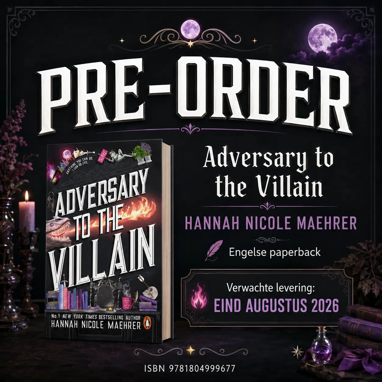 Zwarte paperback van adversary to the villain door hannah nicole maehrer met vurige draak en gothic ontwerp