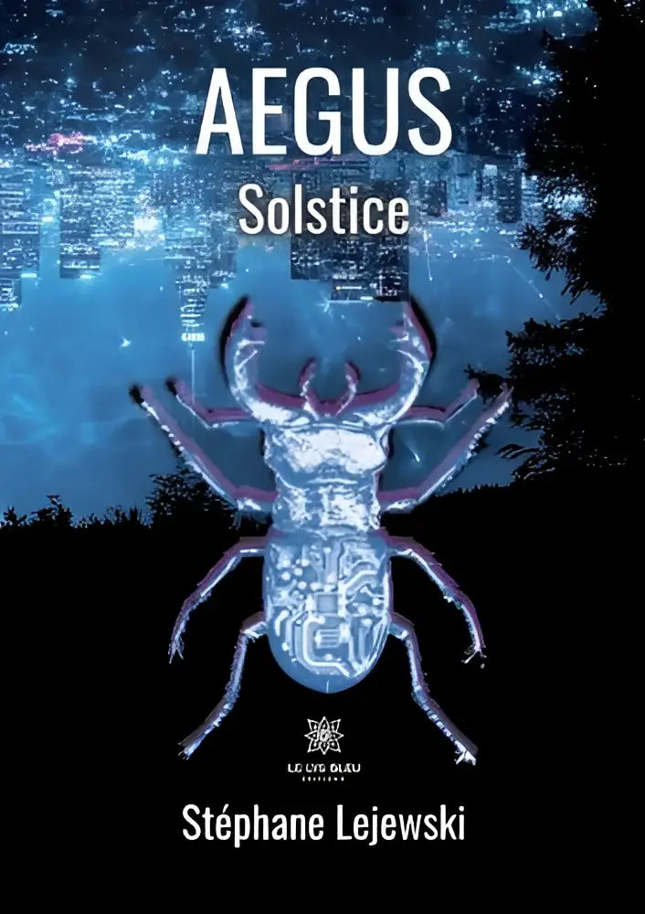 Aegus solstice digitale kever met blauw gloeiend circuitpatroon op donker achtergrond