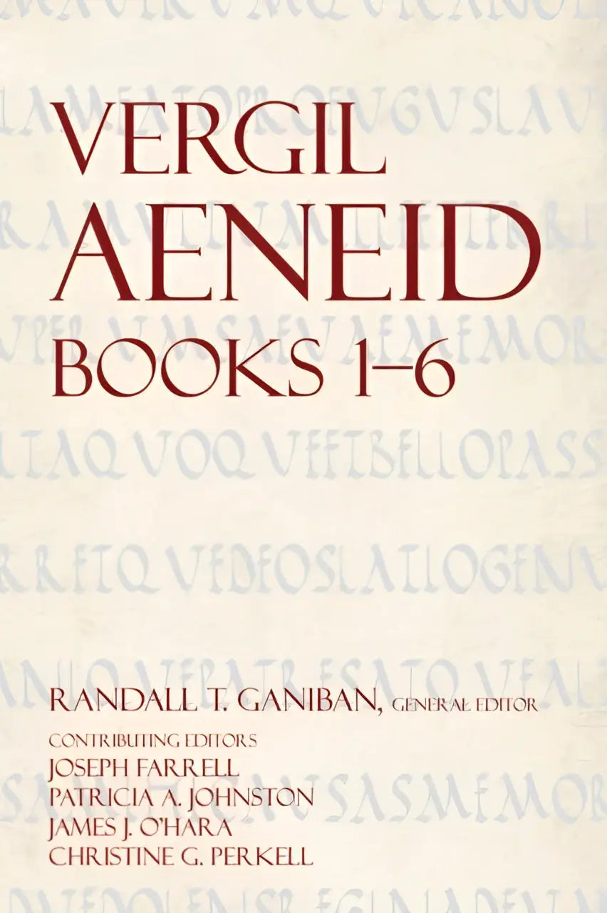 De cover van het boek aeneid books 1-6 met een beige achtergrond, rode serif letters en vage latijnse tekst