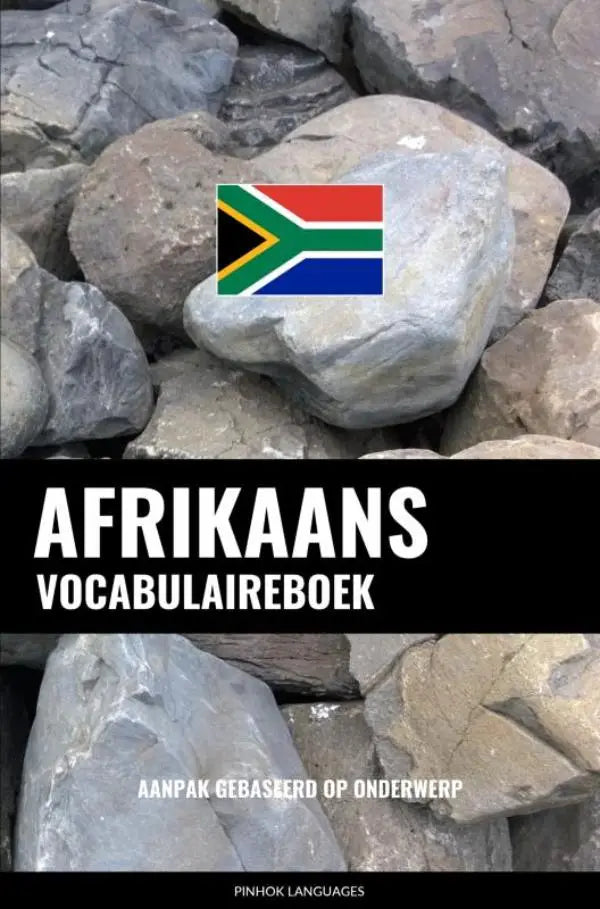 Afrikaans vocabulaireboek met aanpak gebaseerd thema en afrikaanse vlagembleem op grijze stenen oppervlak