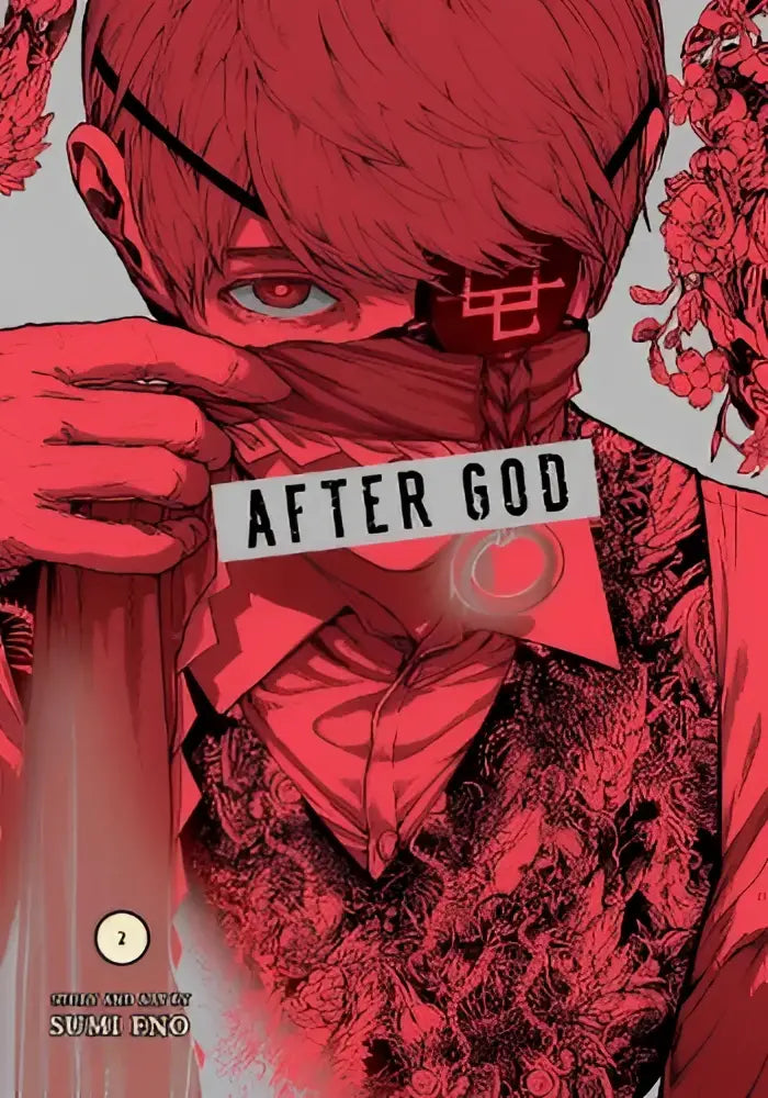 Rood geïllustreerde manga cover van after god vol 2 met personage met rood haar en bril die witte banner vasthoudt