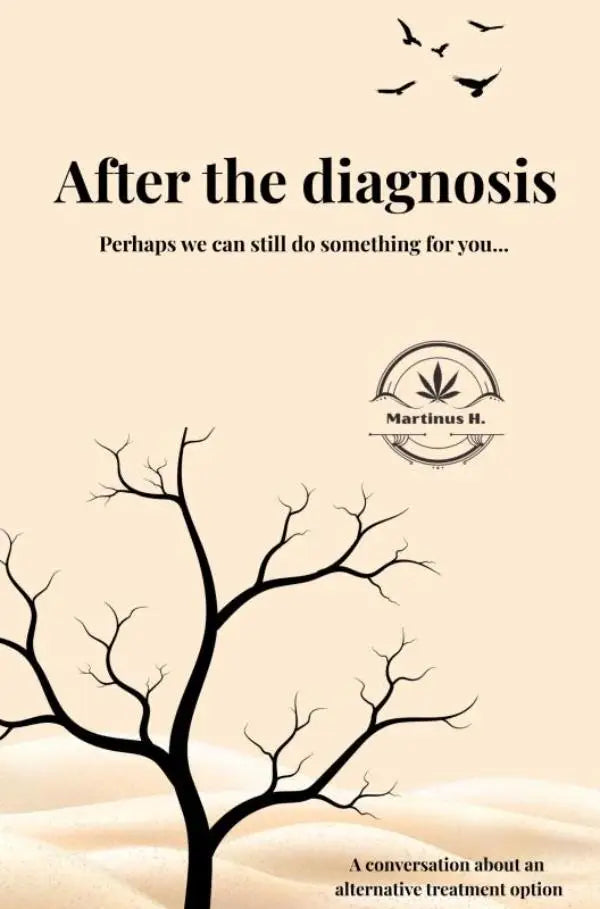 Beige boekomslag met zwarte silhouet van kale boom en vogels met titel after the diagnosis kan nog iets voor u betekenen