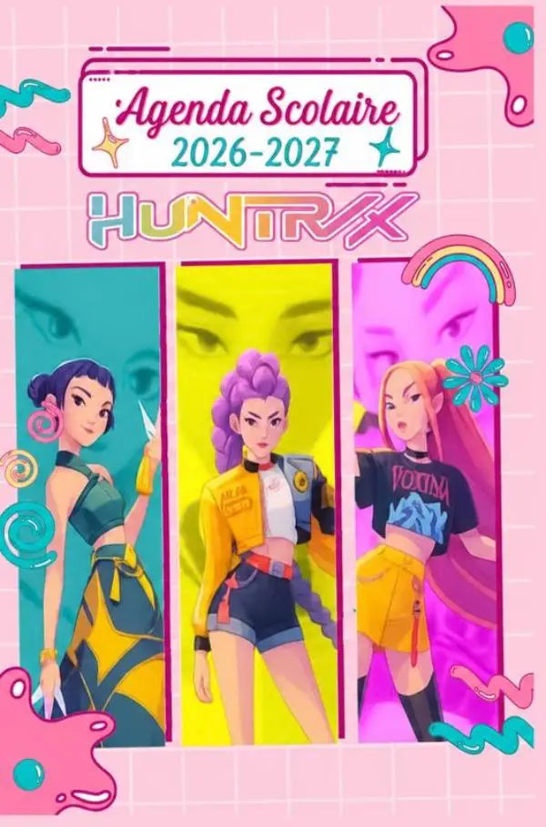 Pink en teal geïllustreerde agenda cover met kpop demon hunters thema en drie kleurrijke anime meisjes perfect voor organiseren