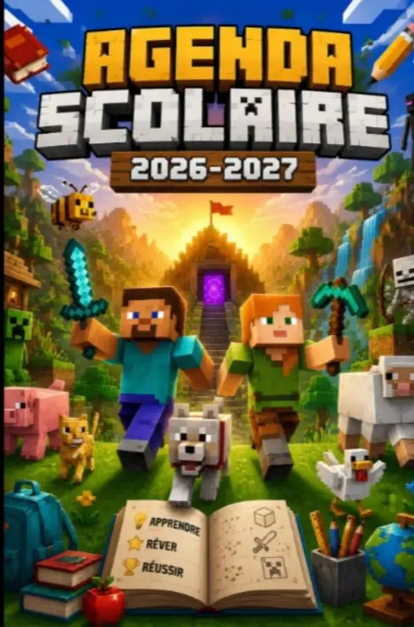 Agenda scolaire 2026 2027 avec organisateur scolaire quotidien minecraft avec personnages pixelisés colorés