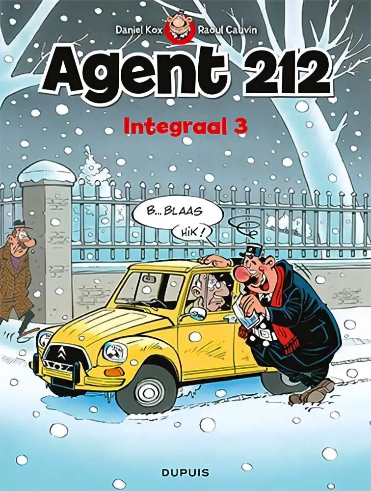 Gele vintage citroën 2cv met zwart dak en chroomdetails in sneeuwscène bij agent 212 integraal sc 3 raoul cauvin strips algemeen