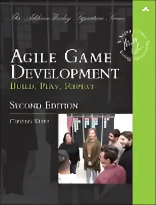 Het boek agile game development toont een groene kaft met mensen rond een tafel voor productontwikkeling