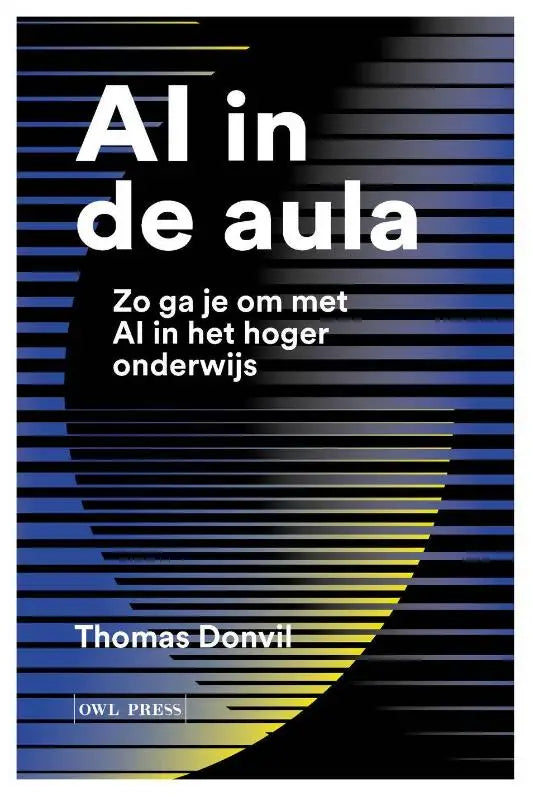 Boek ai in de aula van thomas donvil met zwartblauwe strepen en wit tekst, ideaal voor hoger onderwijs