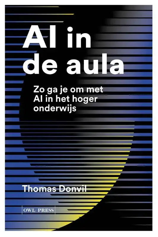 Boekai met zwarte en blauwe strepen en witte tekst ai in de aula van thomas donvil uitgegeven door owl press