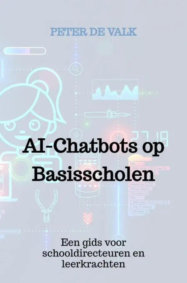 De boekcover van AI-Chatbots op basisscholen toont een lichtblauwe omtrek van een meisje met digitale iconen en de titel in zwarte tekst