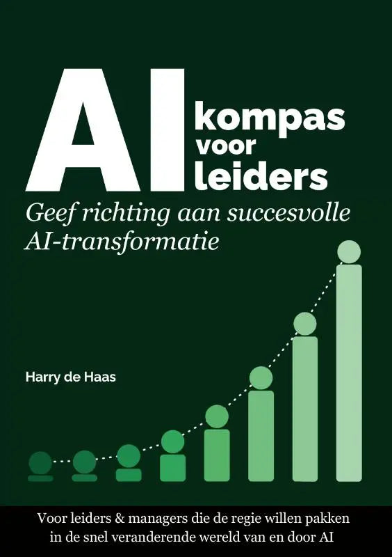 Donkergroene boekomslag ai-kompas voor leiders met witte en lichtgroene tekst en groeiende figuren die succesvolle ai-transformatie en geef richting illustreren