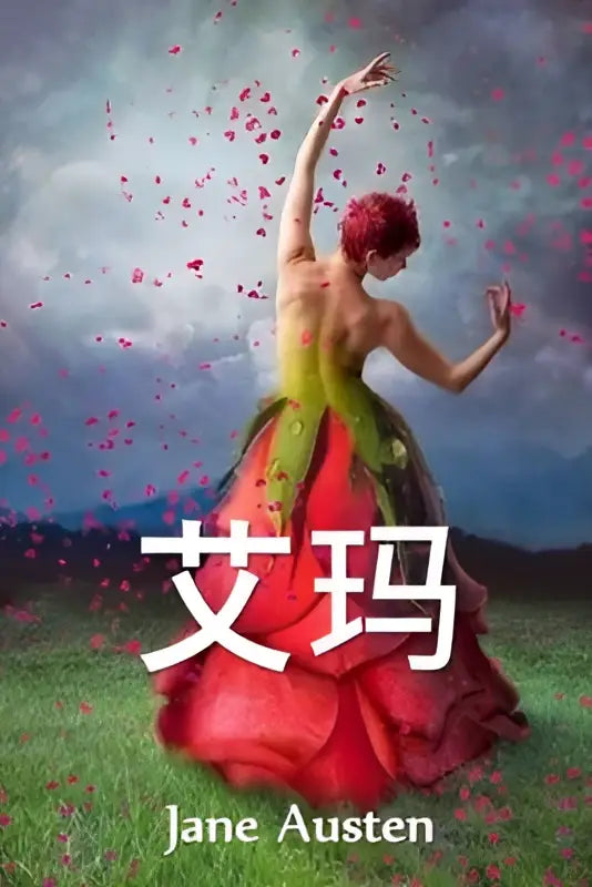 Een vrouw in een vloeiende jurk met groene en rode tinten staat tussen vallende roze bloemblaadjes bij een dramatische lucht bij chinese editie emma