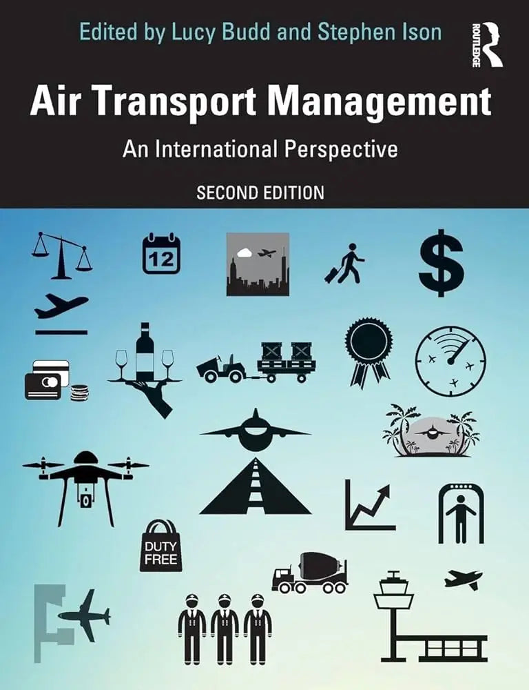 Zwart-wit geïllustreerde boekomslag air transport management tweede editie onder redactie van Lucy Budd en Stephen Ison